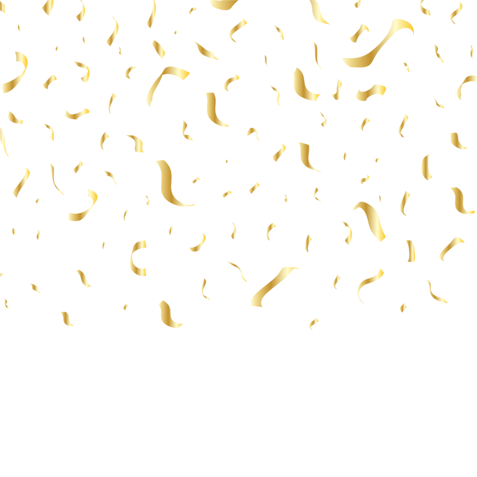 Golden confetti and tinsel falling background PNG. Golden ribbon and confetti image. Golden confetti isolated on a transparent background. Carnival elements. Birthday party celebration PNG. png