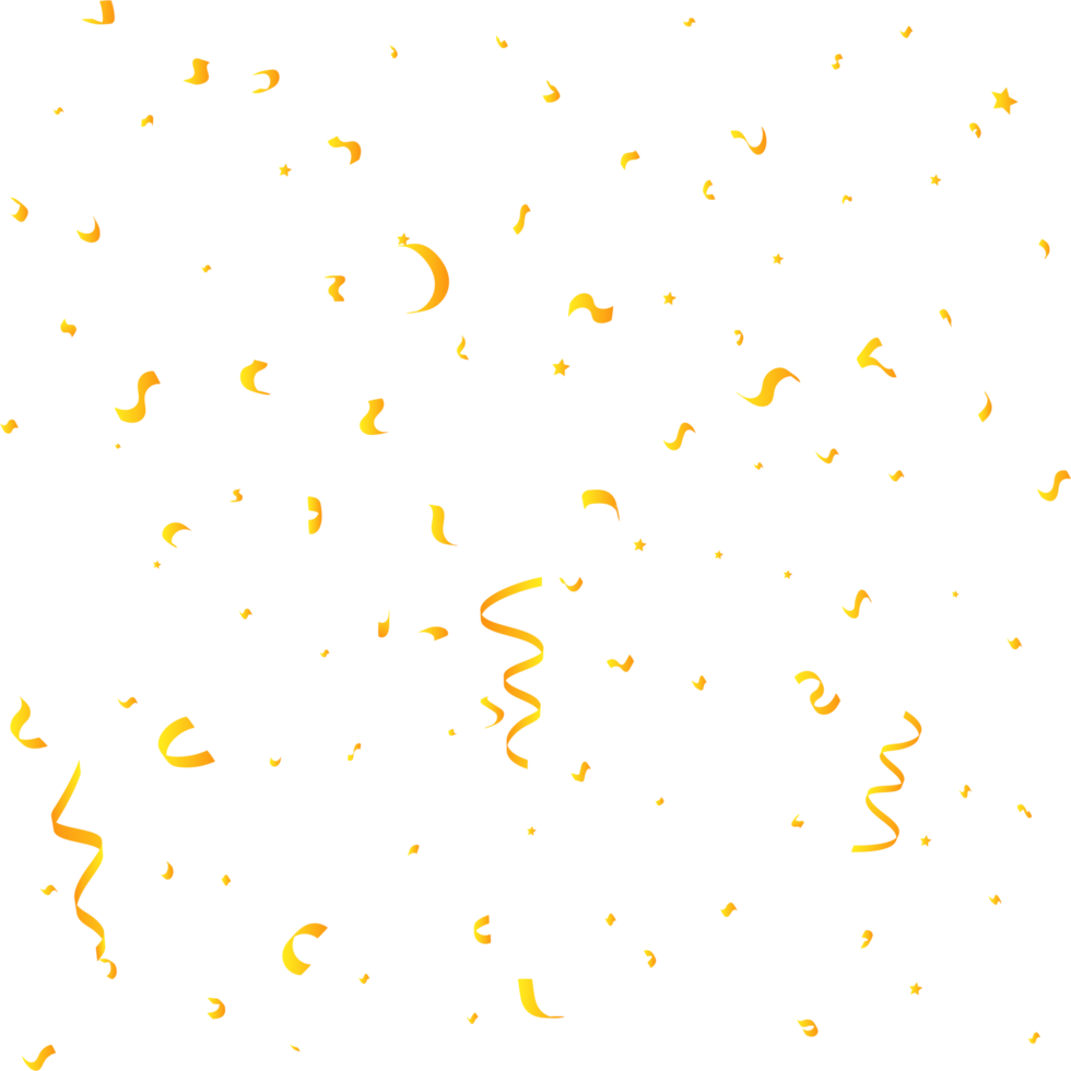 Golden confetti and tinsel falling PNG background. Golden ribbon and confetti PNG. Golden confetti isolated on a transparent background. Carnival elements. Birthday party celebration.