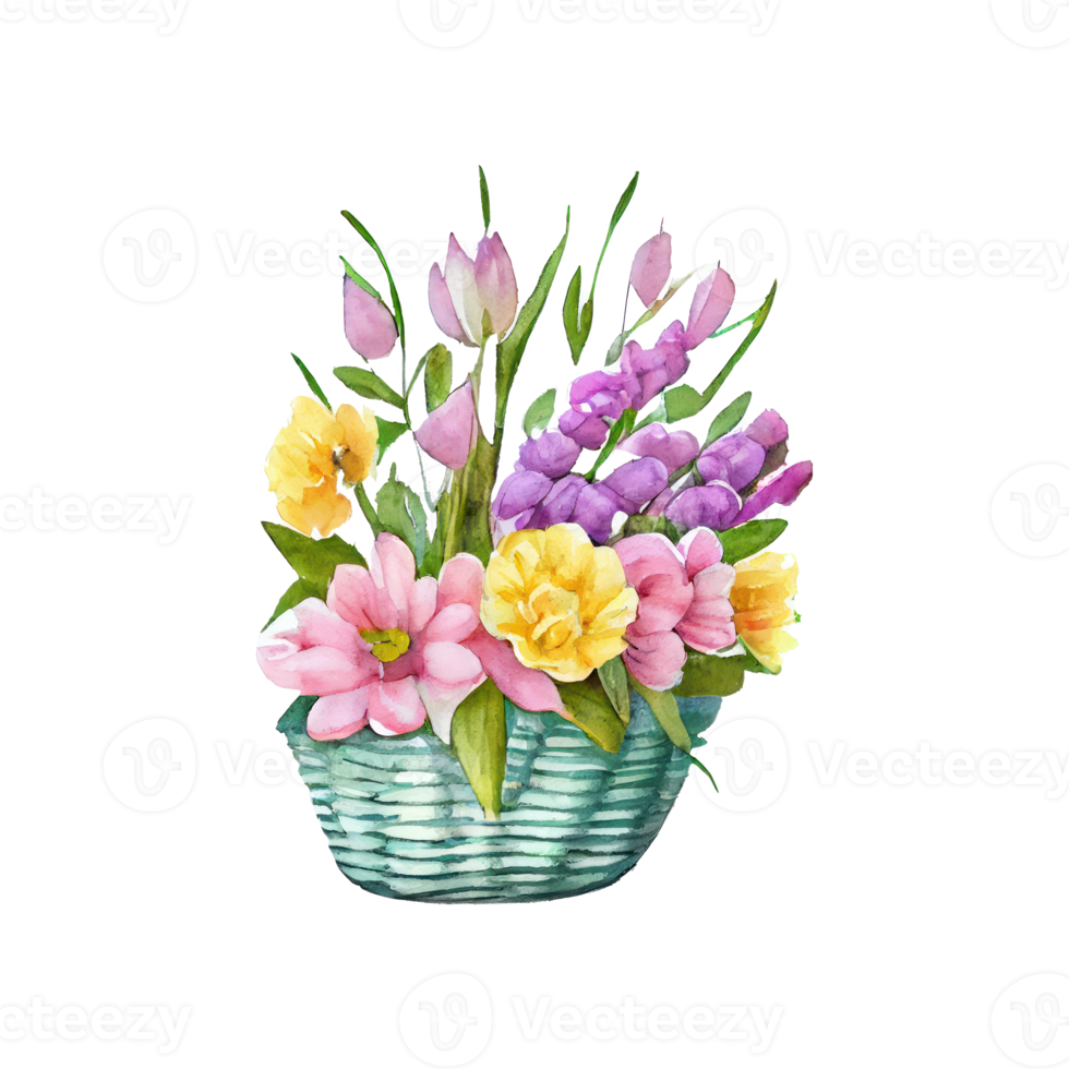 Wicker basket with colorful pastel Easter eggs, spring flowers . AI Generated png