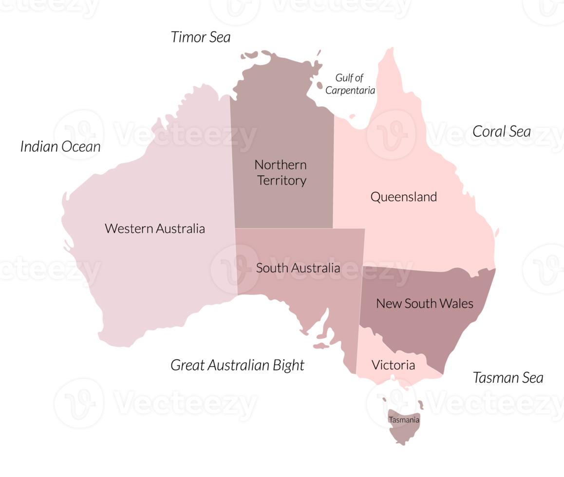 Australia map, political map and border ocean, pink color png