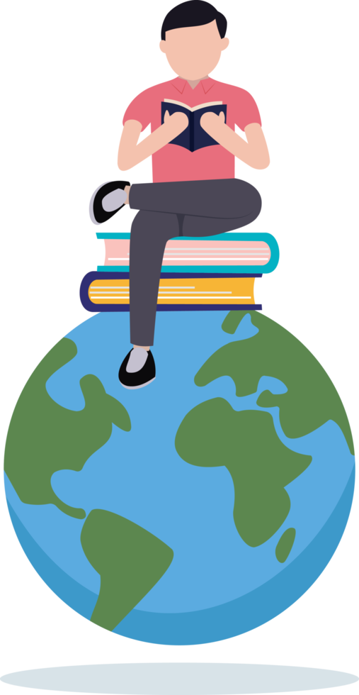 man sitting on book and globe. book reading concept. world book day png