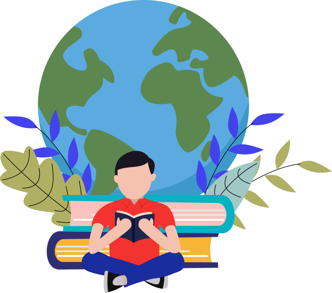 man reading a book against globe background. read a book. reading book concept. world book day png