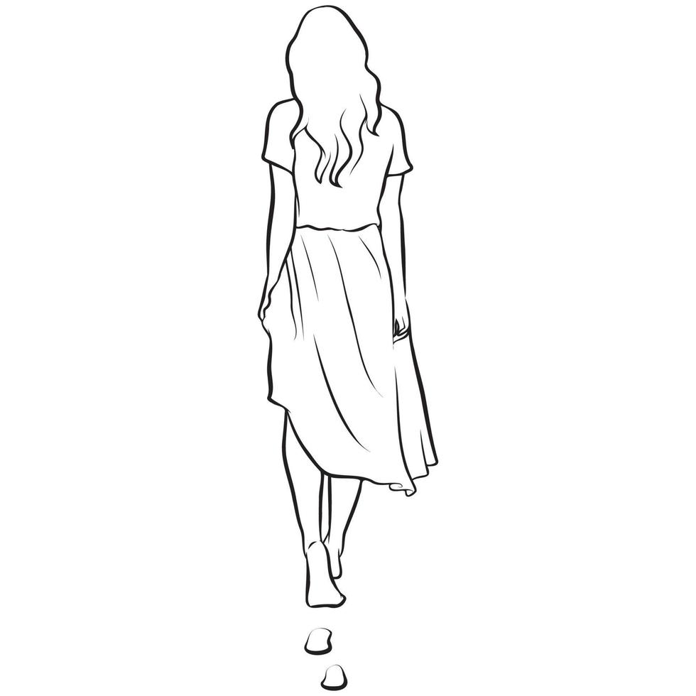 Beautiful Woman Walking with Footprint Line Drawing. vector