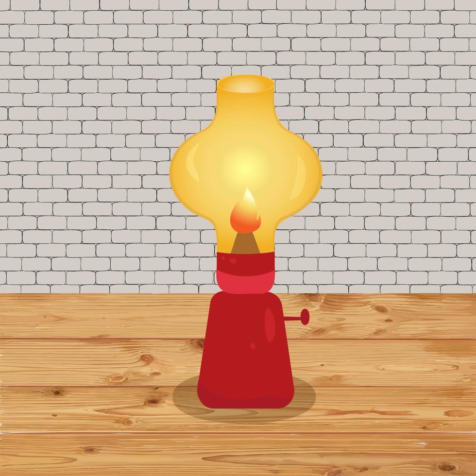 red kerosene lamp on the background of a brick wall on a wooden table in cartoon style vector