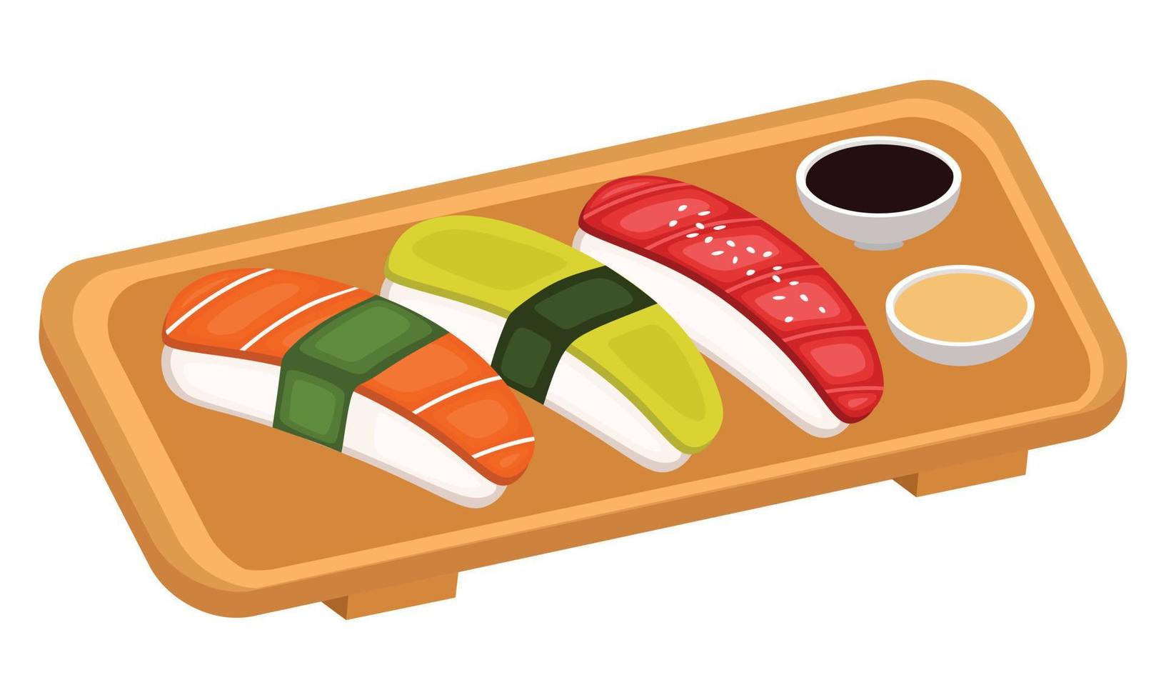 Sushi bar on wooden plate with tuna, salmon, avocado, and sesame vector