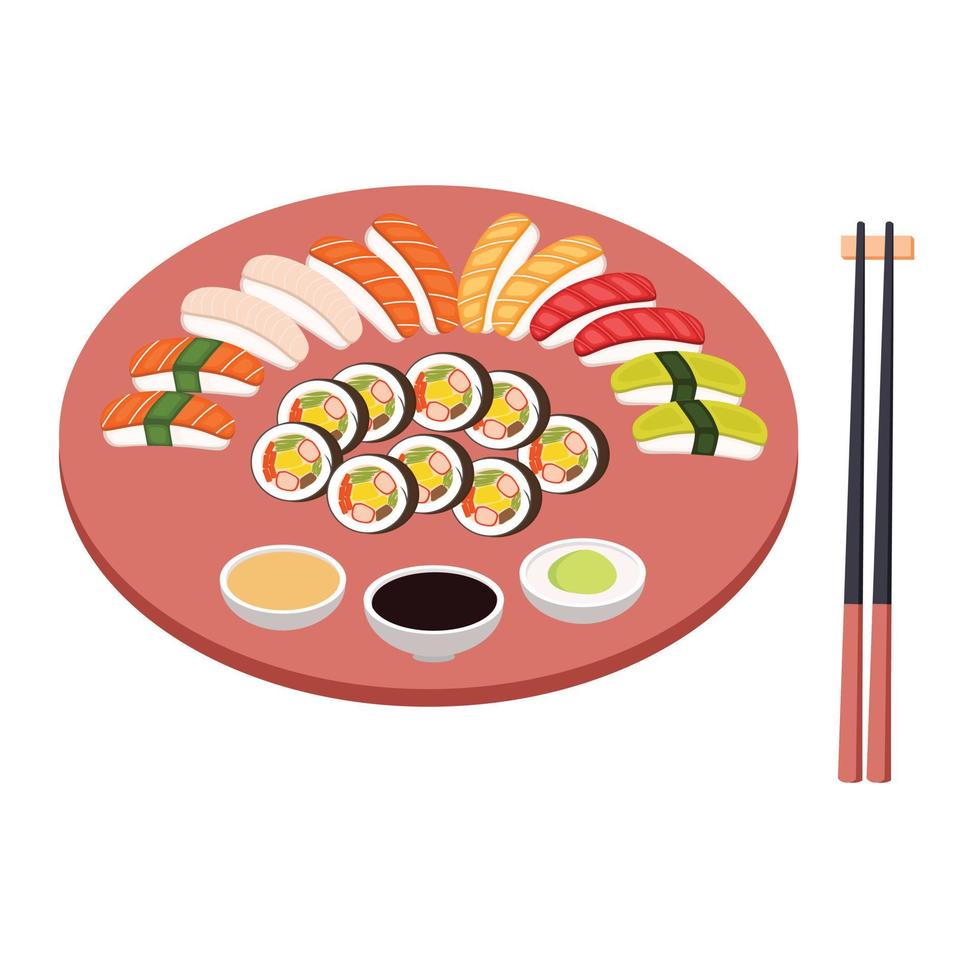 Sushi bar on wooden plate with tuna, salmon, avocado, and sesame vector