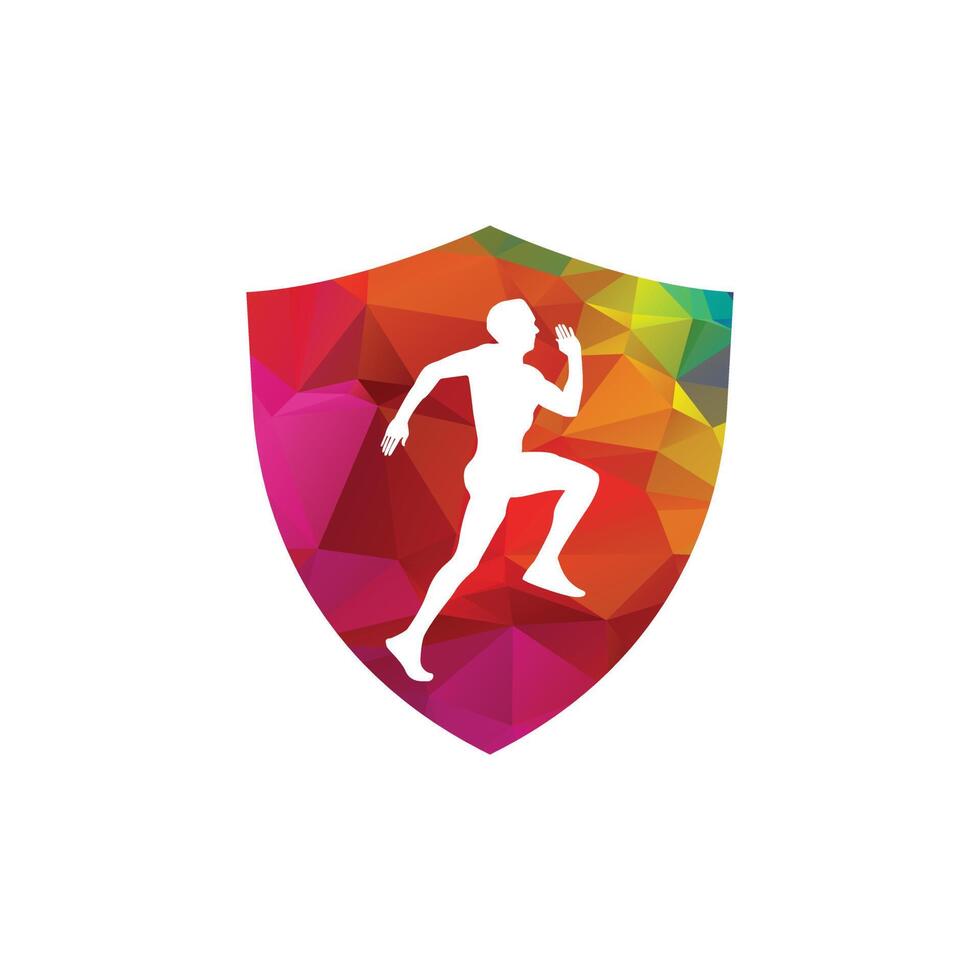 Runner man in shield  vector logo design template. Athlete running vector logo design.