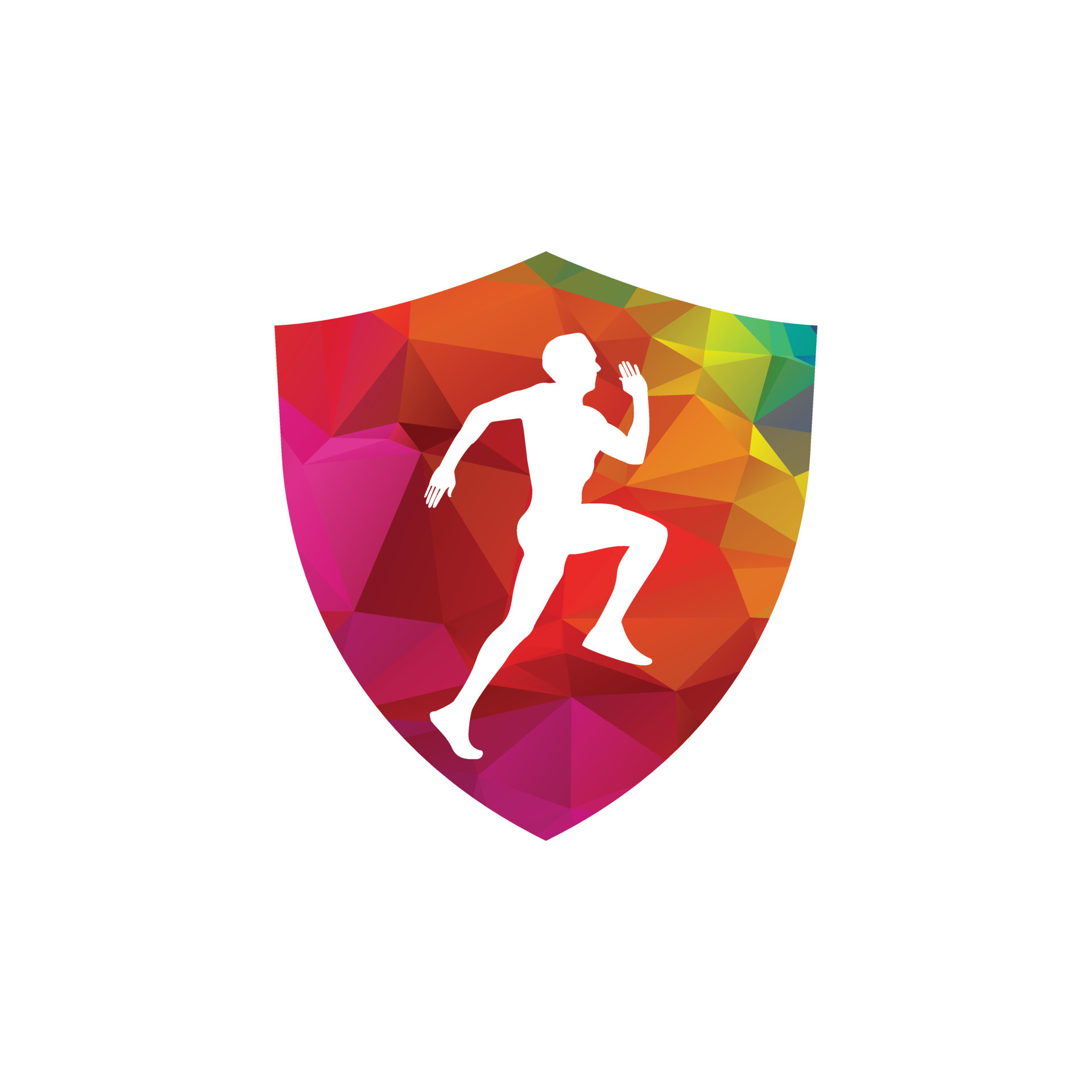 Runner man in shield vector logo design template. Athlete running