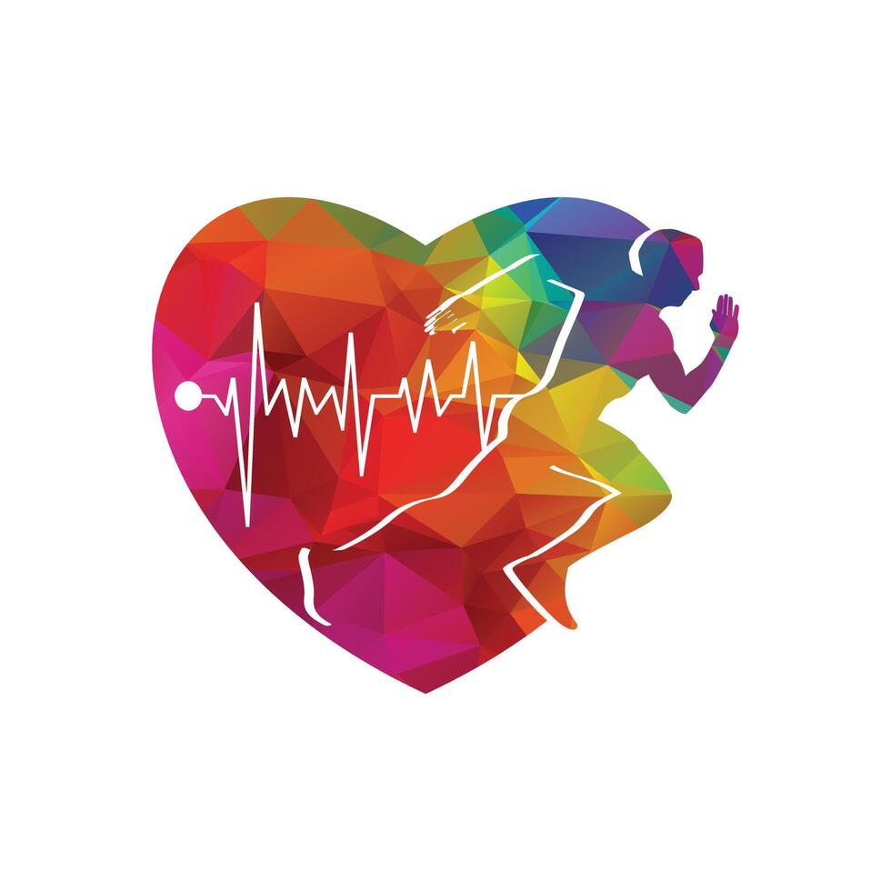 man fast running shape and heart with cardiogram vector logo template