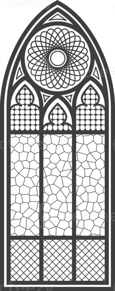 Gothic window outline. Silhouette of vintage stained glass church frame. Element of traditional European architecture. png