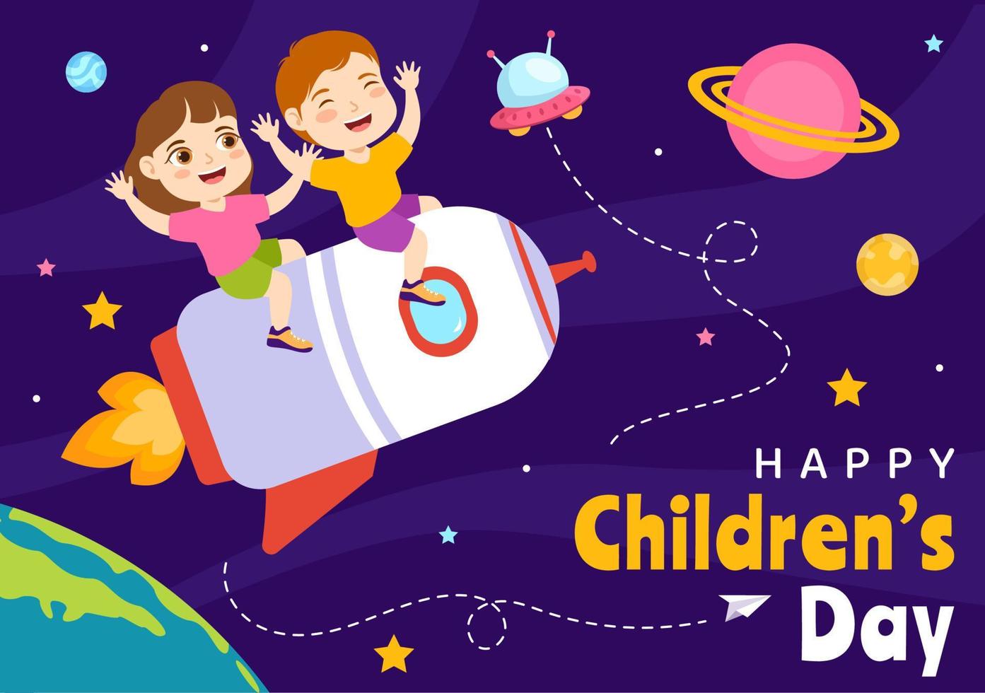 Happy Children Day Vector Illustration with Boy and Girl Kids in Toys on Background Flat Cartoon Hand Drawn for Web Banner or Landing Page Templates