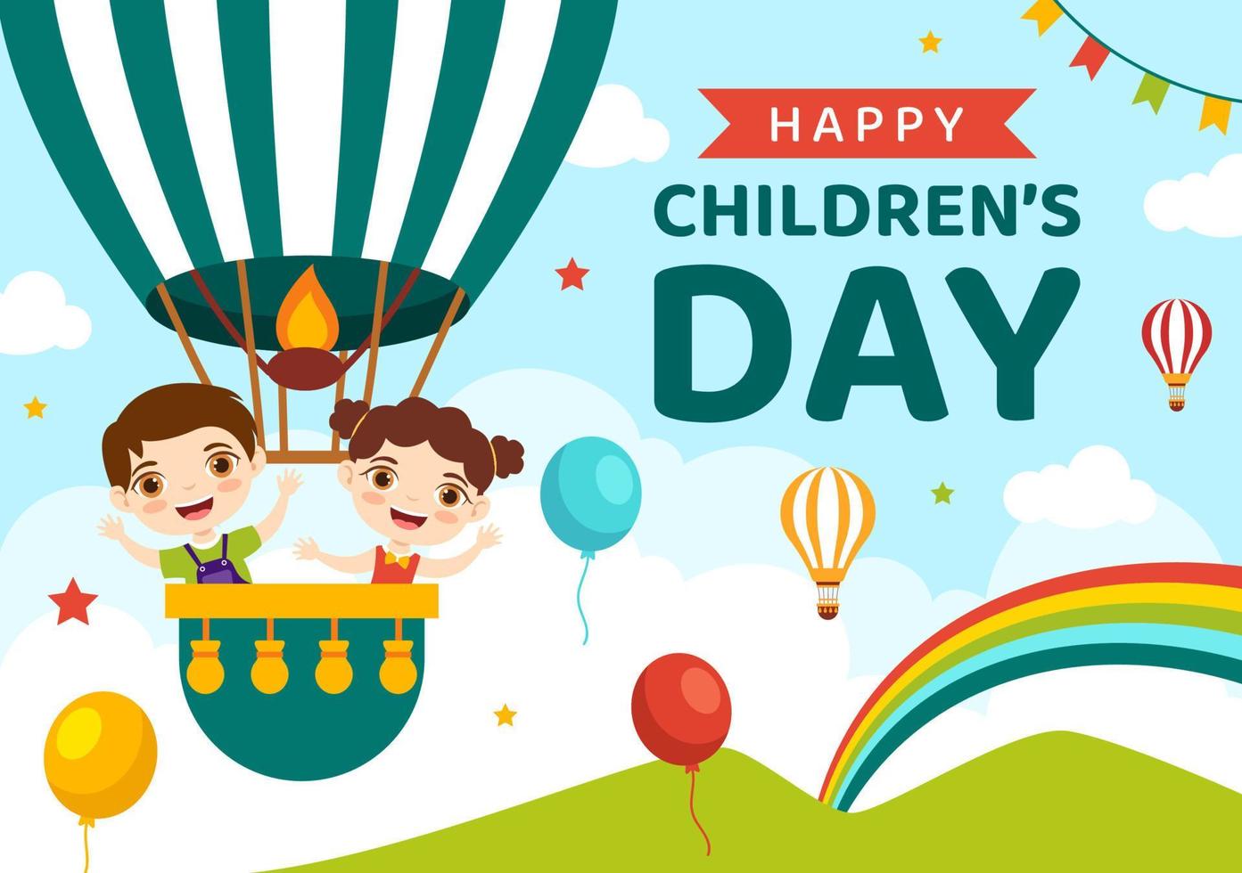 Happy Children Day Vector Illustration with Boy and Girl Kids in Toys on Background Flat Cartoon Hand Drawn for Web Banner or Landing Page Templates