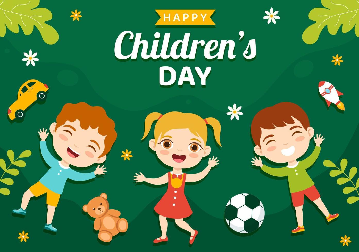 Happy Children Day Vector Illustration with Boy and Girl Kids in Toys on Background Flat Cartoon Hand Drawn for Web Banner or Landing Page Templates