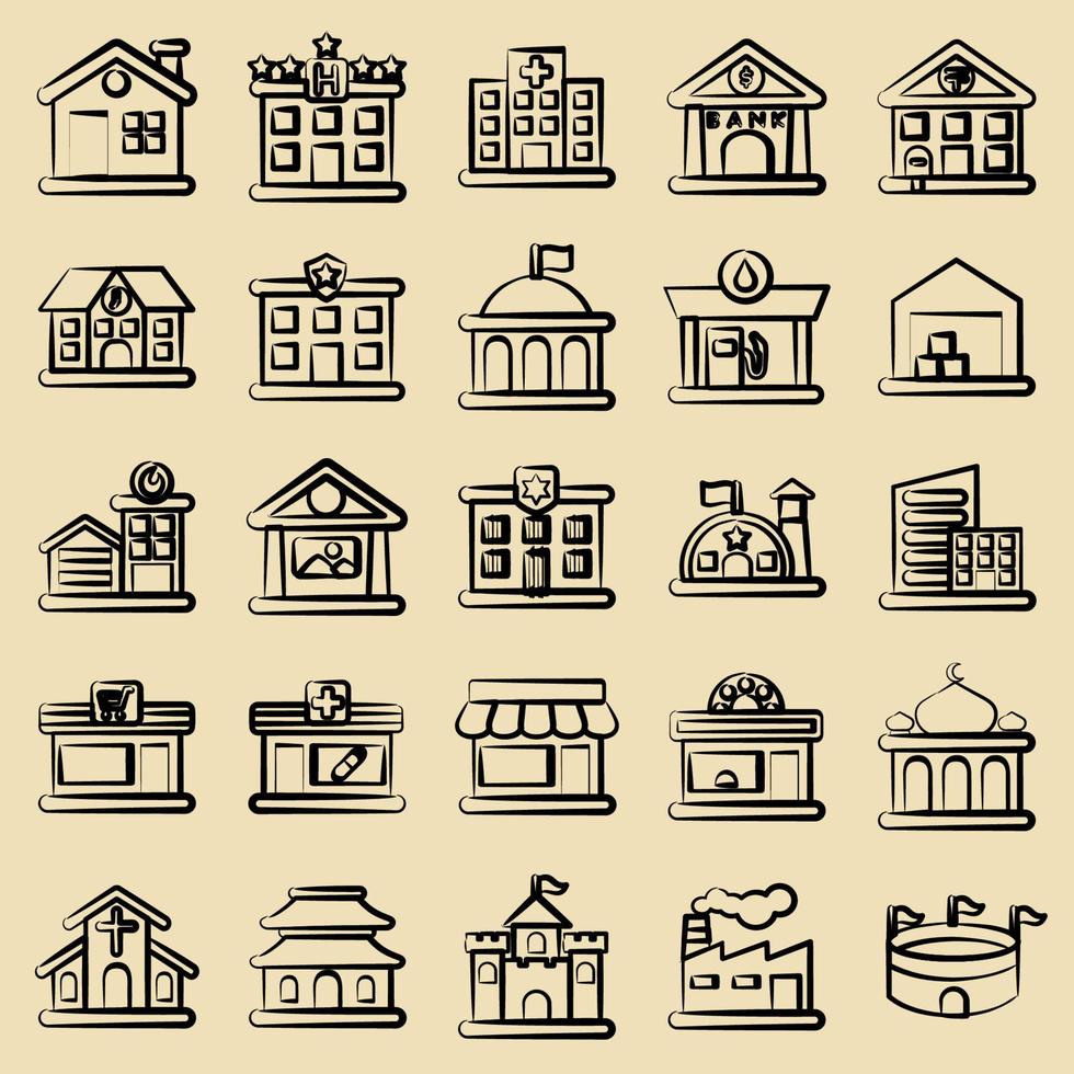 Icon set of building. Building elements. Icons in hand drawn style. Good for prints, web, posters, logo, site plan, map, infographics, etc. vector