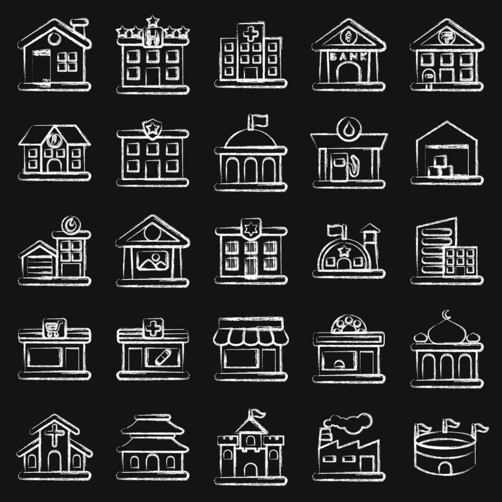 icono conjunto de edificio. edificio elementos. íconos en tiza estilo. bueno para huellas dactilares, web, carteles, logo, sitio plan, mapa, infografía, etc. vector