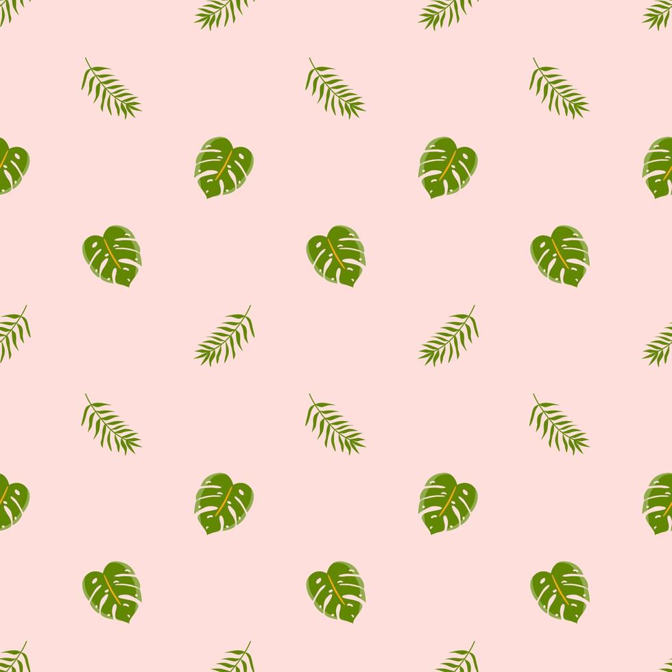 Tropical seamless pattern with exotic green leaves on pink background. Simple summer nature printable paper. Cute wallpaper, textile with monstera leaf. Seamless jungle print. Vector illustration.
