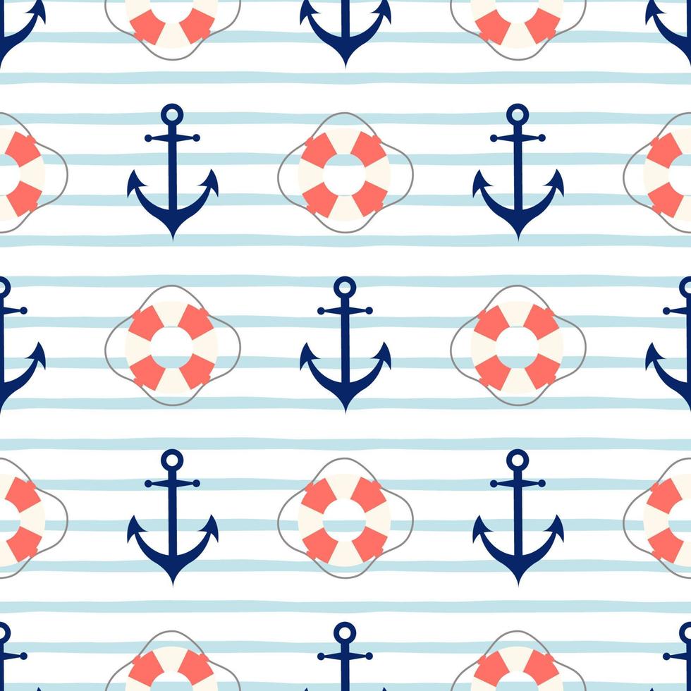 Anchor, lifebuoy seamless sea pattern Cute cartoon sailing marine background. Blue stripped print. Tile sailor pattern with blue anchor on white and blue stripes background. Vector illustration.