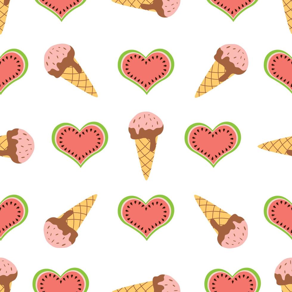 Fruits ice cream seamless pattern. Summer ice cone background with watermelon. Cute simple summer sweets cover. Summer time. Vector illustration. Sweet dessert wrapper, fruits concept. Pastel colors.