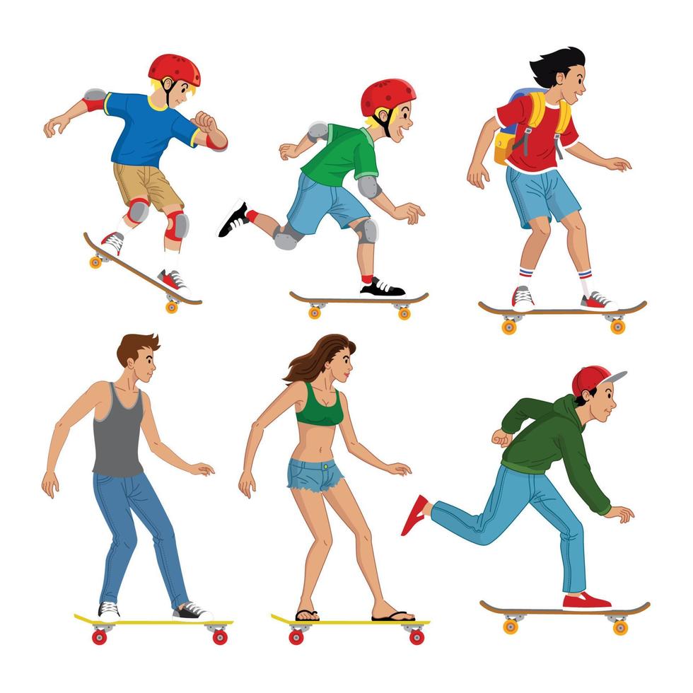 conjunto de personas con patineta vector