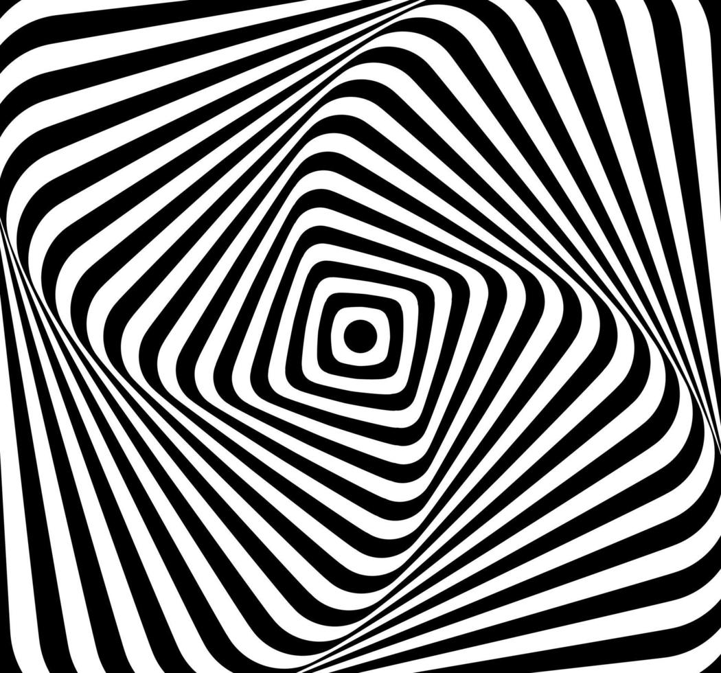 Black and white optical illusion distorted ripple wave effect square lines spiral vector background