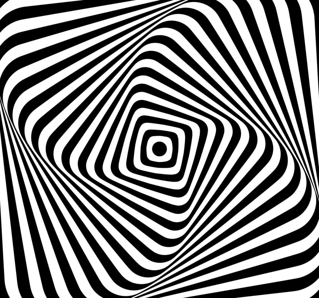 Black and white optical illusion distorted ripple wave effect square lines spiral vector background