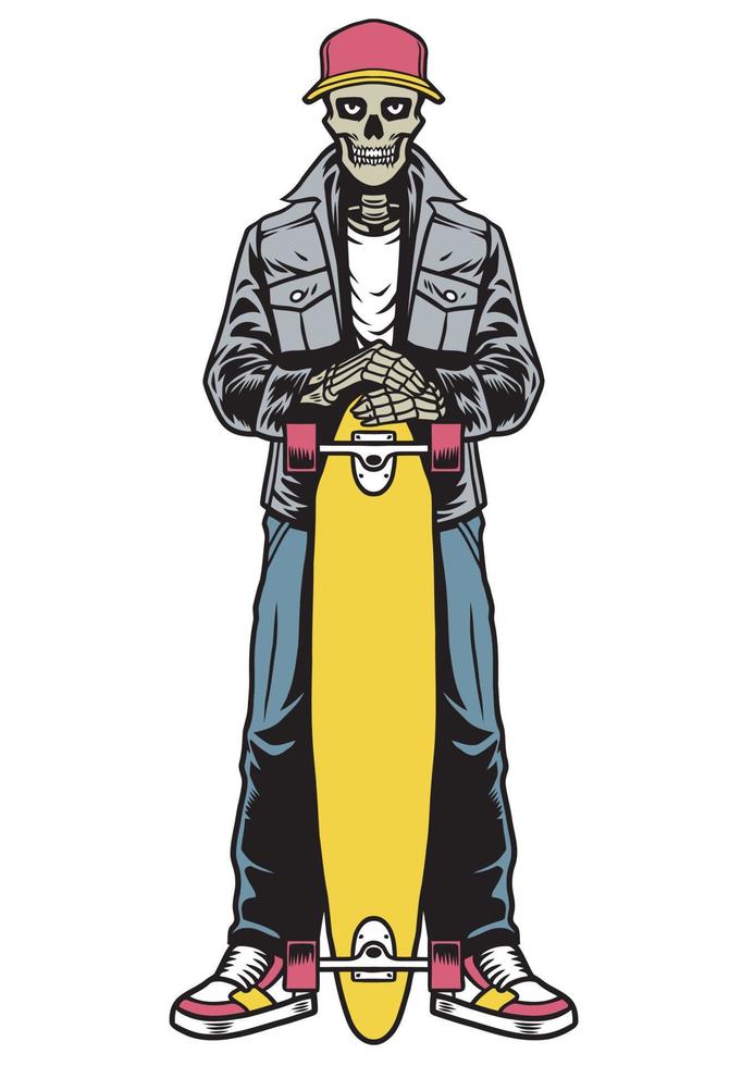 skull skater in style posing hold the longboard vector