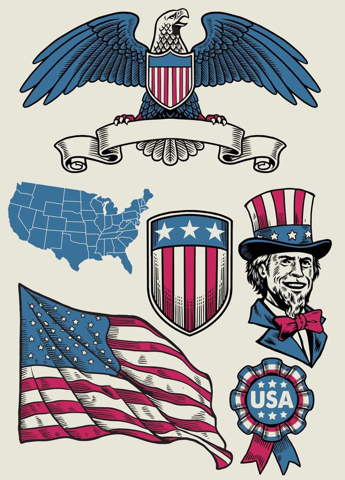 vintage illustration set of object of USA vector