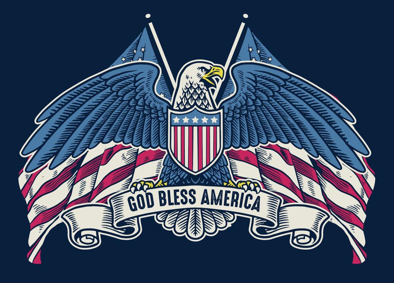 vintage handdrawn american eagle with flag as background vector