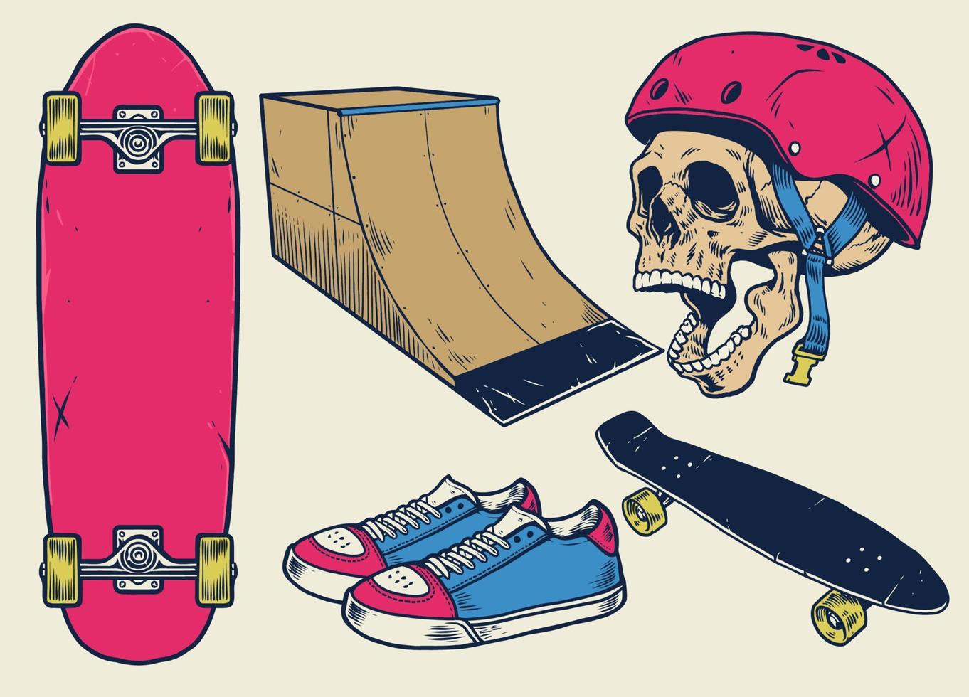 Clásico patineta objetos conjunto en mano dibujo estilo vector