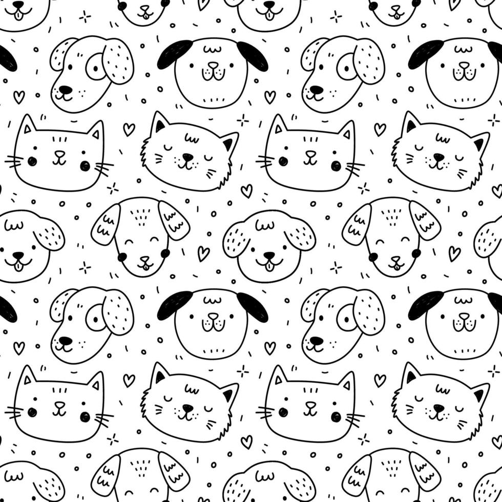 Cute seamless pattern with cats and dogs on white background. Vector hand-drawn illustration in doodle style. Perfect for print, decorations, wrapping paper, wallpaper.