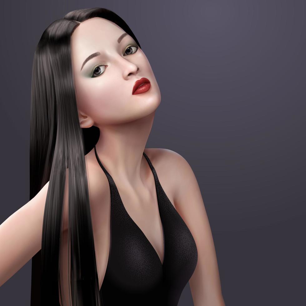 Sexy brunette long hair woman wearing black evening dress with red lip, 3d illustration vector