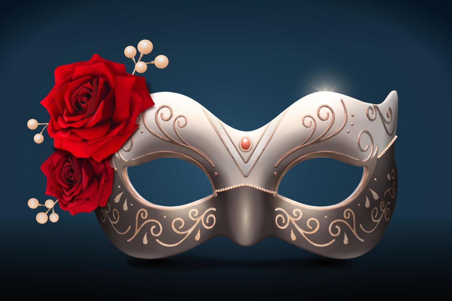 Isolated silver masquerade mask with roses and pearl in 3d illustration on blue background vector