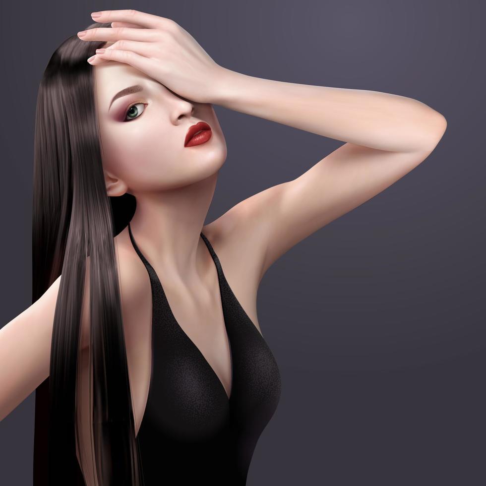 sexy morena largo pelo mujer vistiendo negro noche vestir con rojo labio, 3d ilustración vector