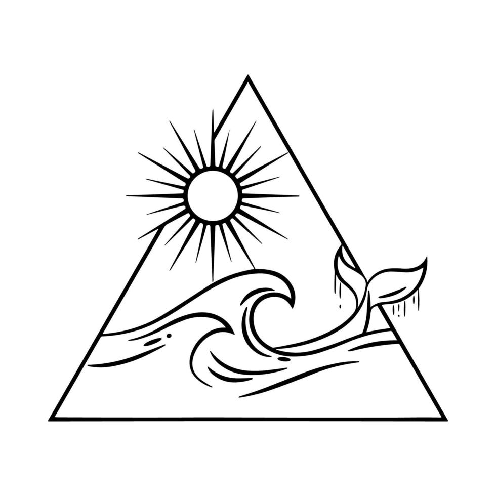 Outline logo with waves, sun and whale in triangle. vector
