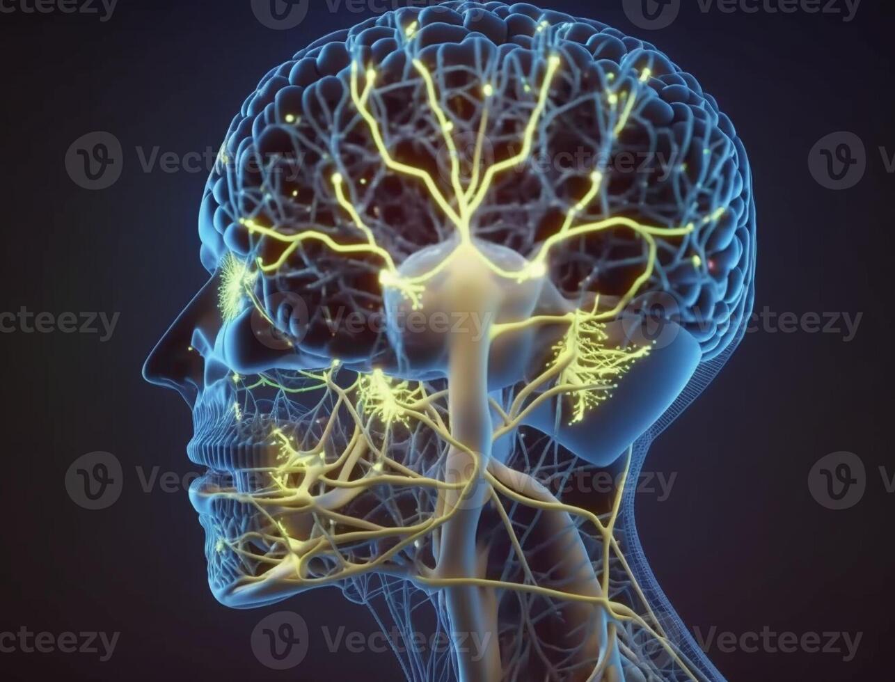 Human head with glowing neurons in brain. Esoteric and meditation concept. Connection with other worlds. Creates with photo