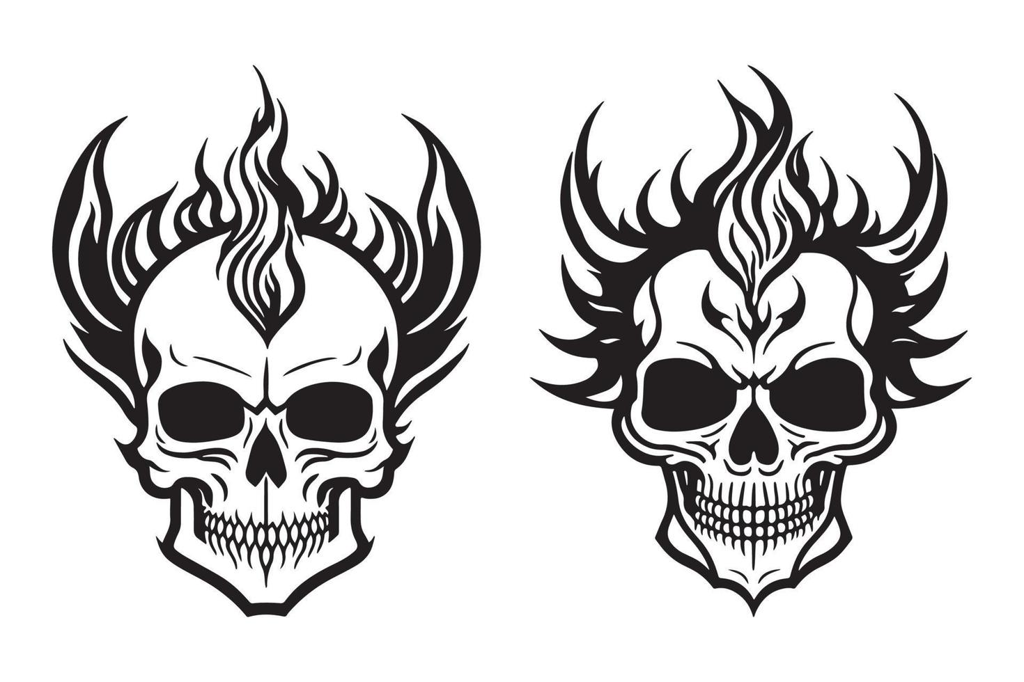 cráneo con fuego y fumar efecto sencillo tatuaje diseño negro contorno vector en blanco antecedentes