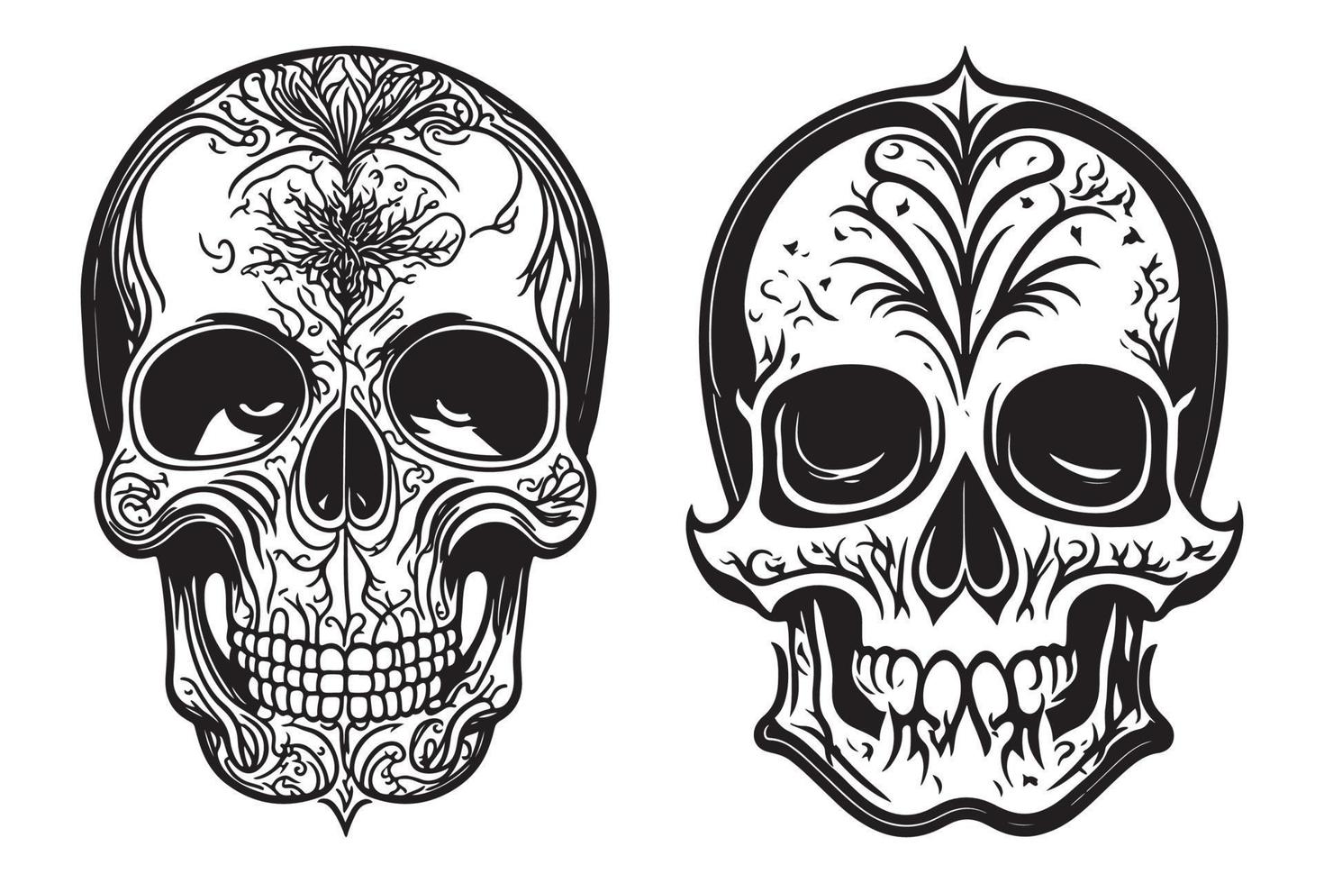 tribal cráneo tatuaje diseño negro contorno vector en blanco fondo, cráneo con floral diseño vector