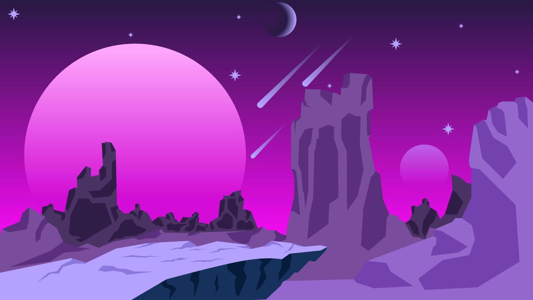Science fiction landscape vector illustration. Violet planet landscape background. Purple violet galaxy of mountain cliff view. Science fiction vector for background, wallpaper or illustration