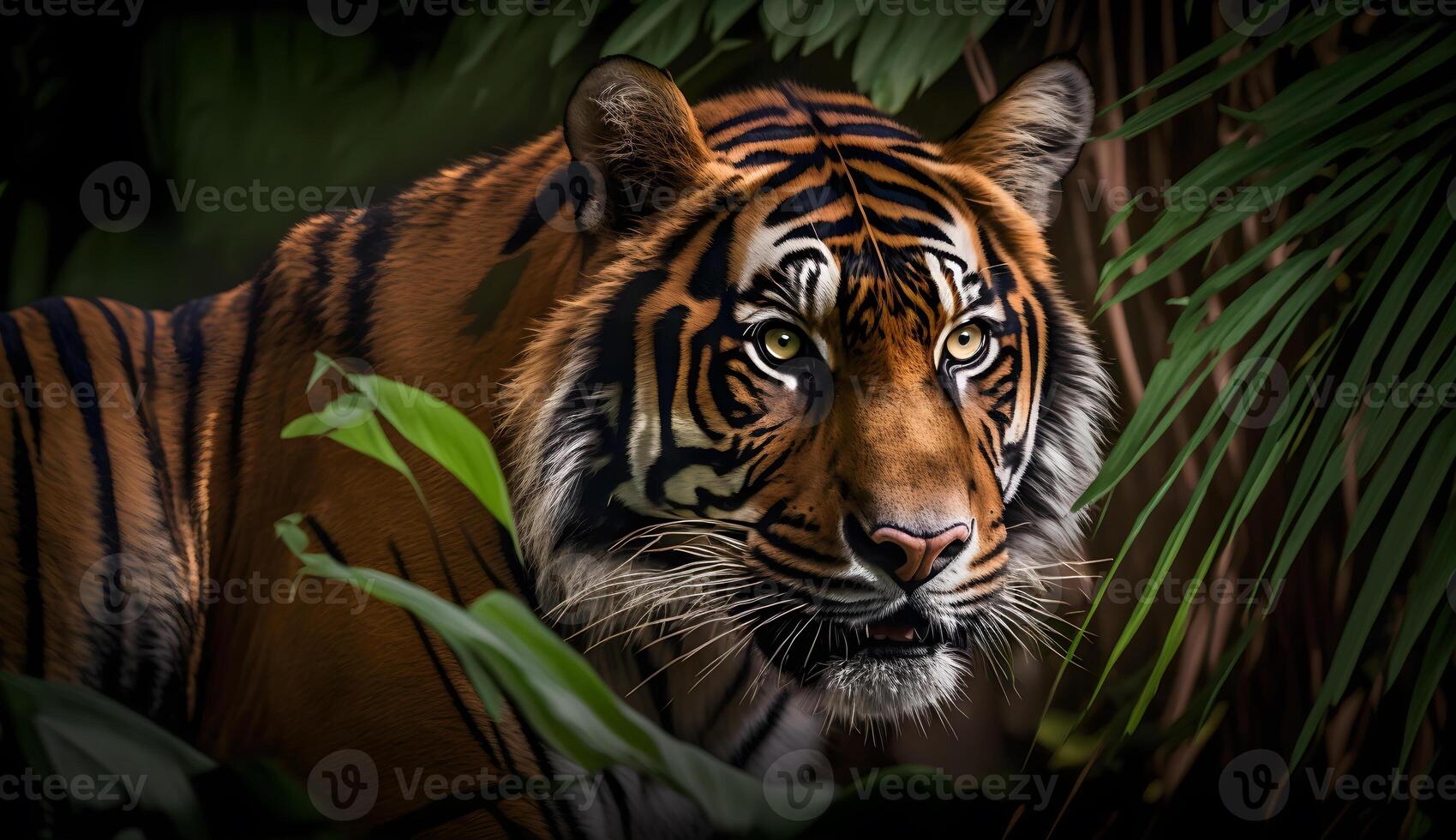 Sumatran tiger looking at the camera,tiger walking in tropical forest conservation . photo