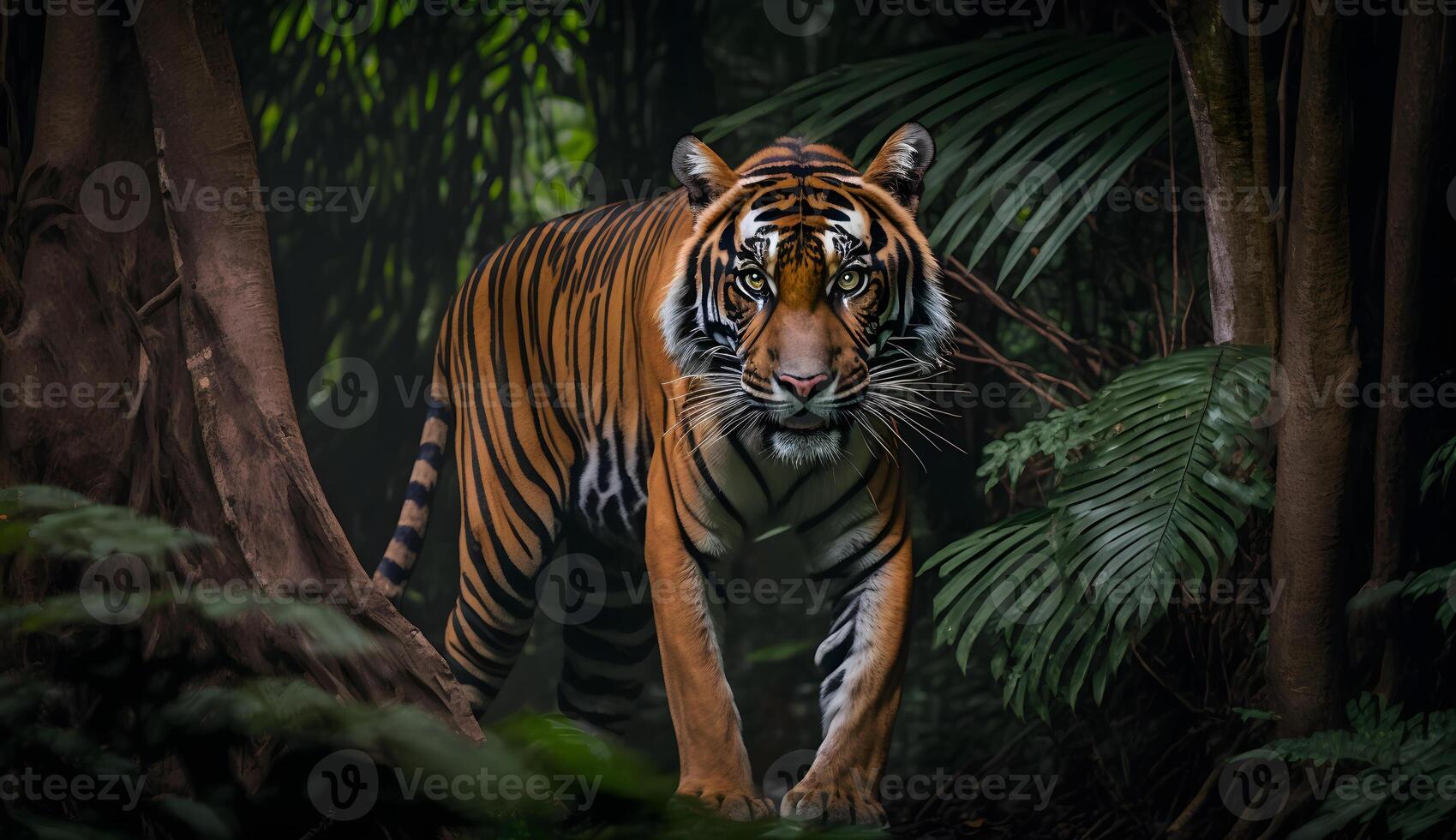 Sumatran tiger looking at the camera,tiger walking in tropical forest conservation . photo