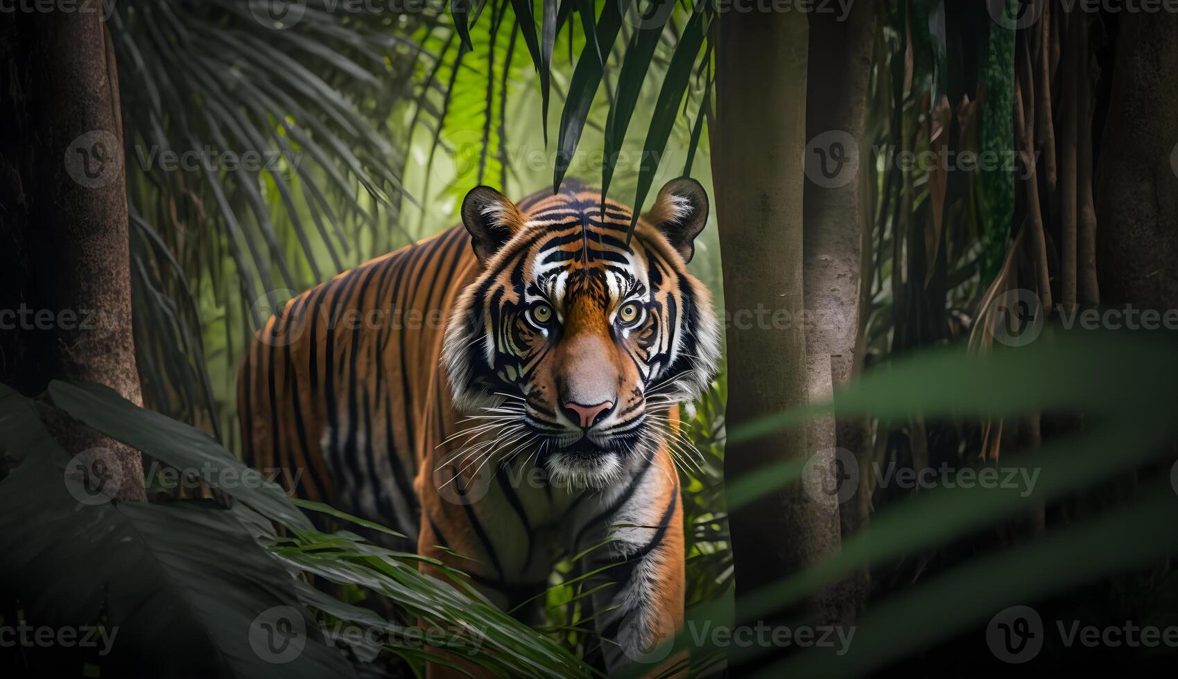 Sumatran tiger looking at the camera,tiger walking in tropical forest conservation . photo