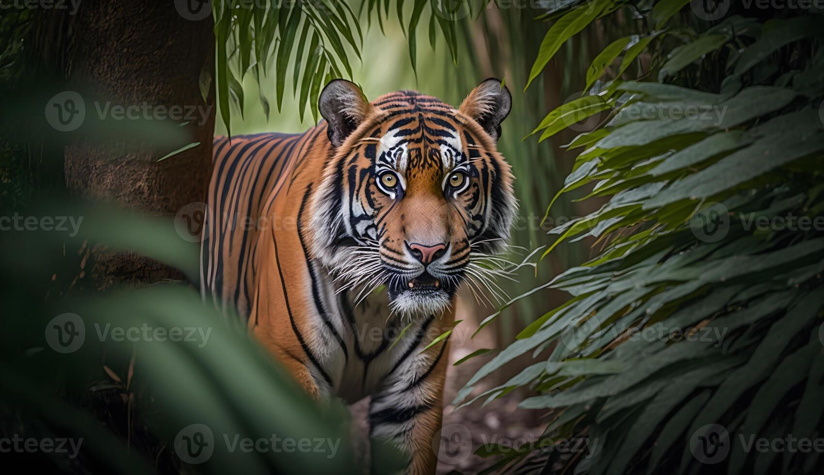 Sumatran tiger looking at the camera,tiger walking in tropical forest conservation . photo