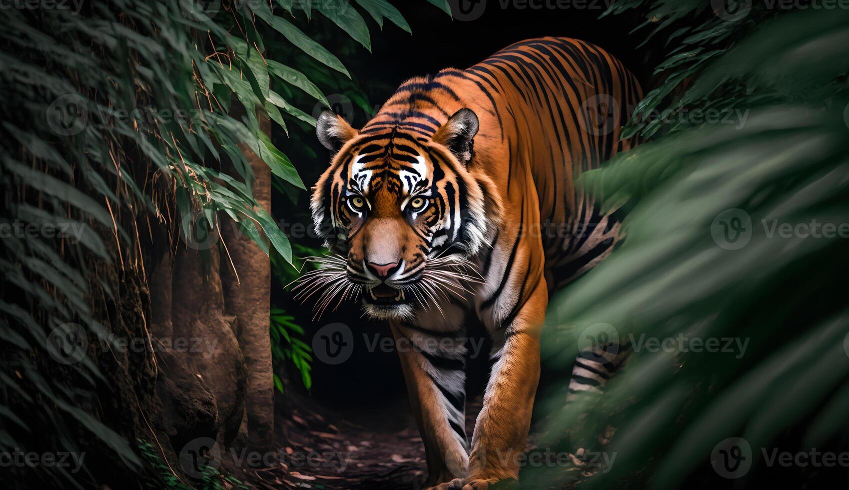 Sumatran tiger looking at the camera,tiger walking in tropical forest conservation . photo