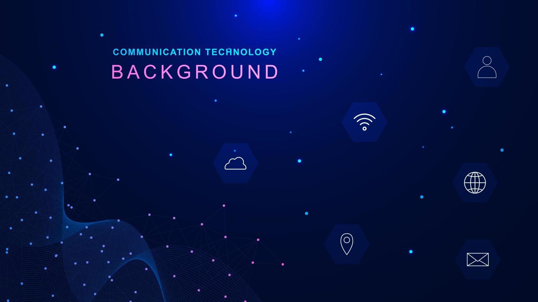 Abstract connected dots with wave flow and lines for communication technology background with icons. Digital cyberspace concept design. Vector illustration.