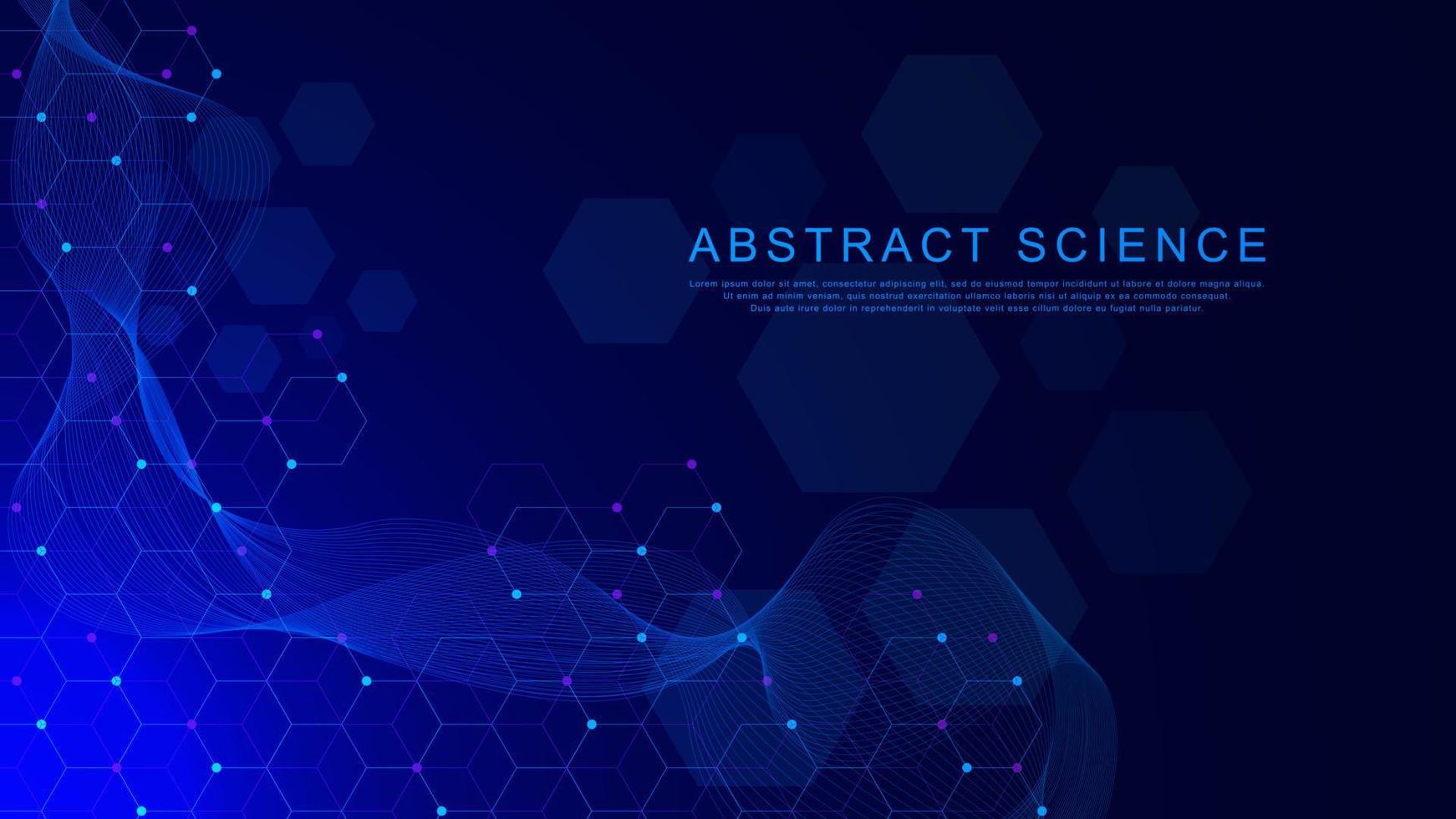 Abstract hexagonal molecule with particles background for scientific, medicine, chemistry, chemical, science and technology backdrop. Vector illustration.