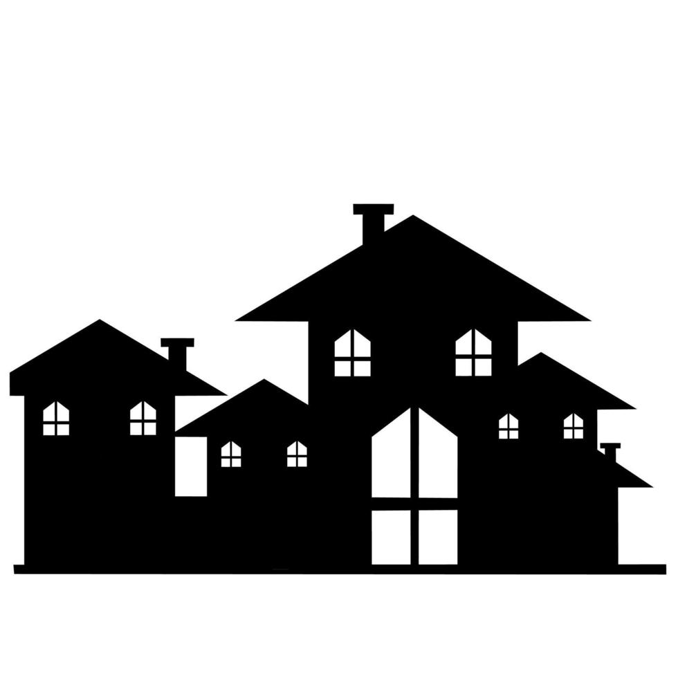 ciudad ilustración, techos y chimeneas, grupo de casas, vector icono, negro silueta