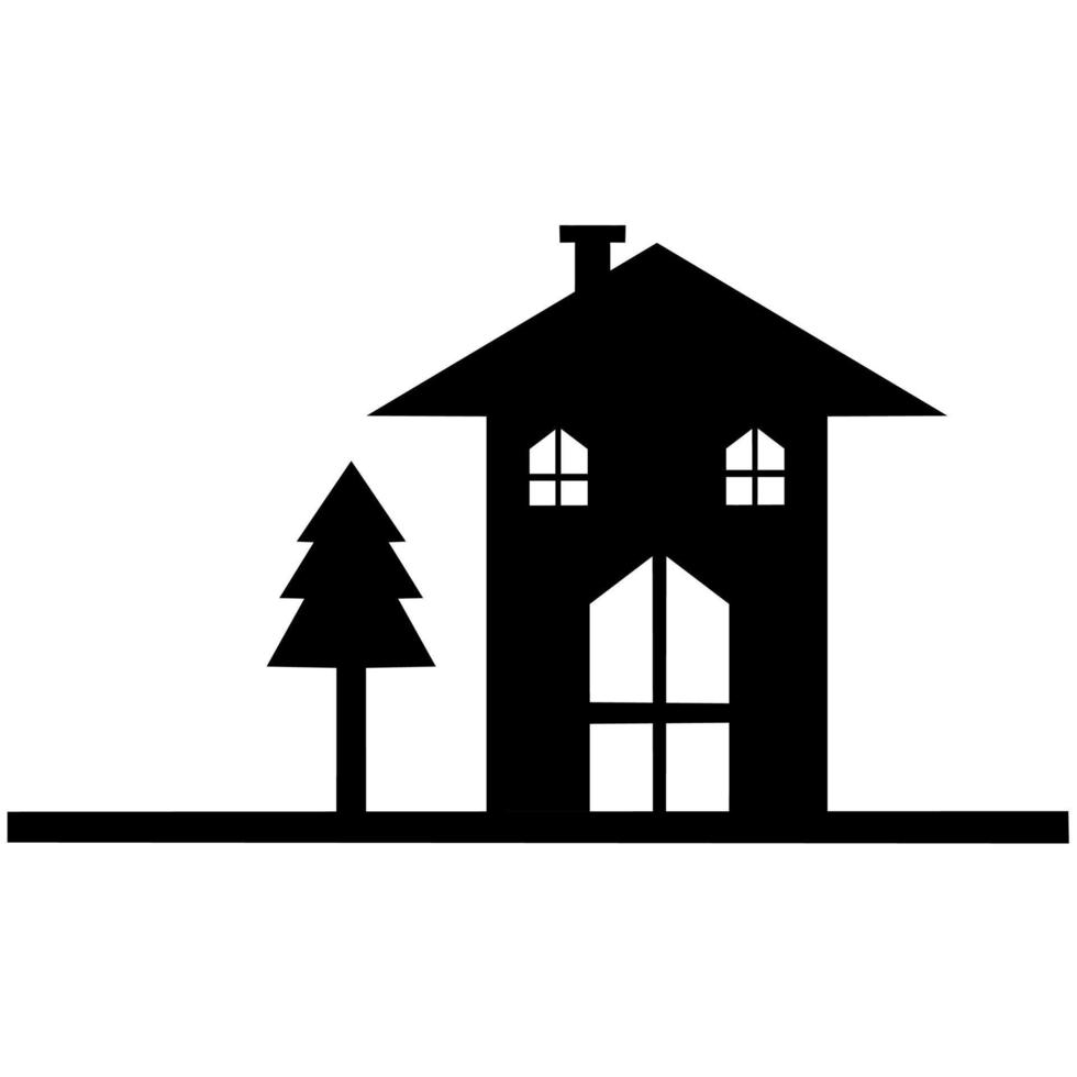 Black silhouette of house with fir trees. roof and chimney, vector icon on a white background