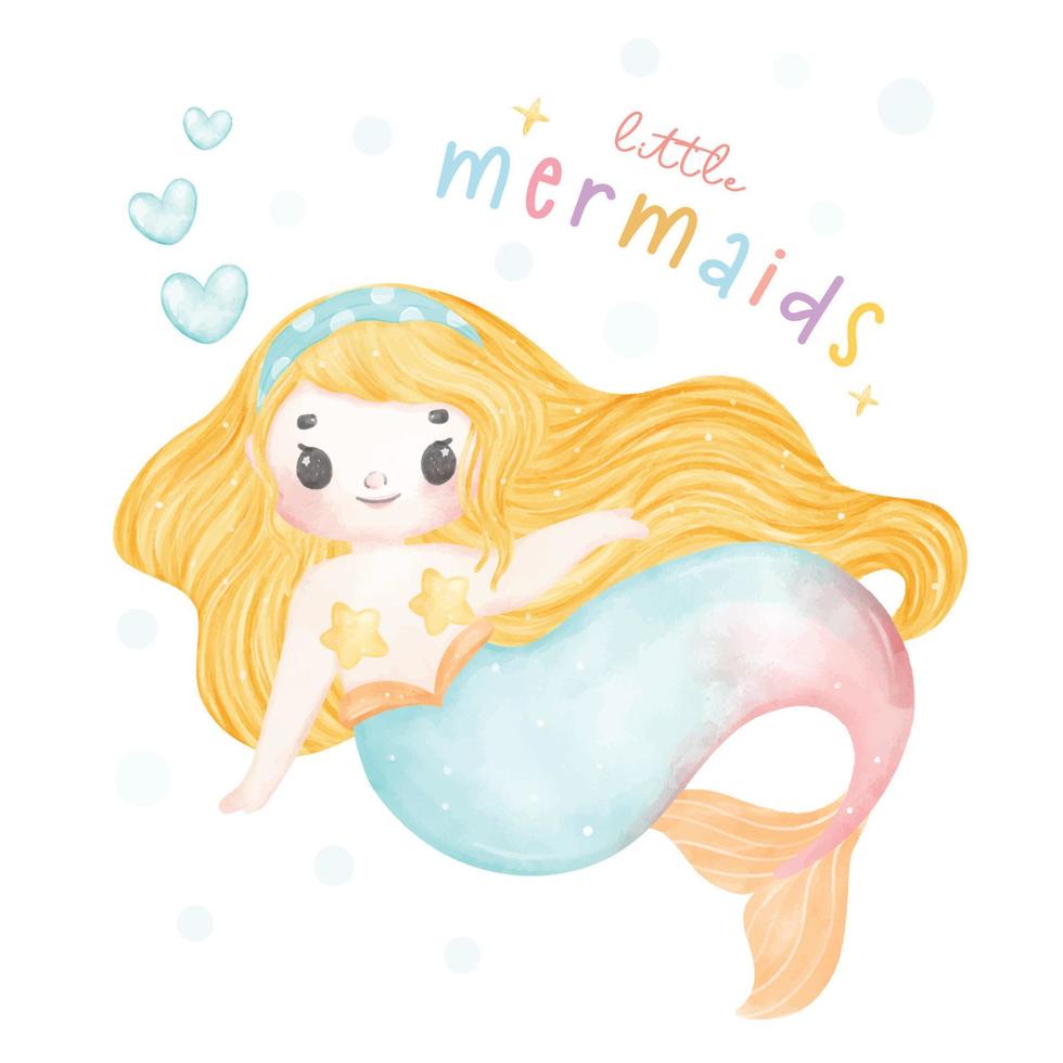 Cute colorful pastel watercolor happy joyful little mermaid blonde hair, whimsical adorable children cartoon character hand painting illustration vector