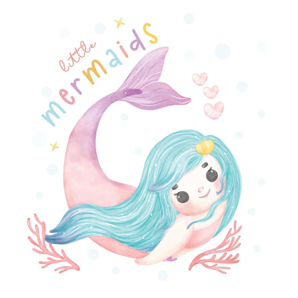Cute sweet colorful pastel watercolor happy joyful little mermaid aqua blue hair, whimsical adorable children cartoon character hand painting illustration vector