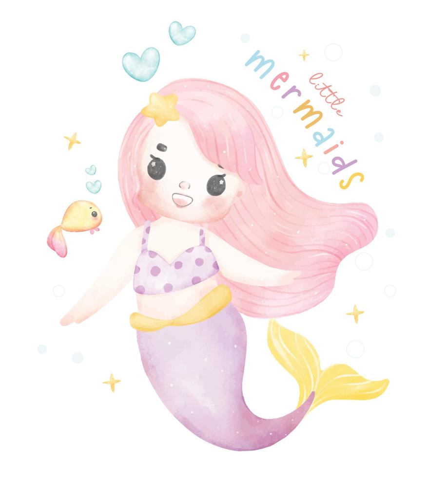 Cute sweet colorful pastel watercolor happy joyful little mermaid pink hair, whimsical adorable children cartoon character hand painting illustration vector